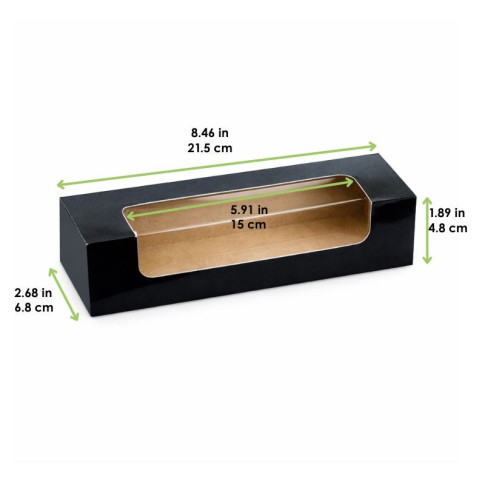 Boite carton rectangulaire noir 7 macarons avec fenêtre  215x68mm H48mm