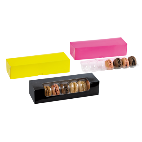 Boite carton rectangulaire noir 7 macarons avec fenêtre  215x68mm H48mm