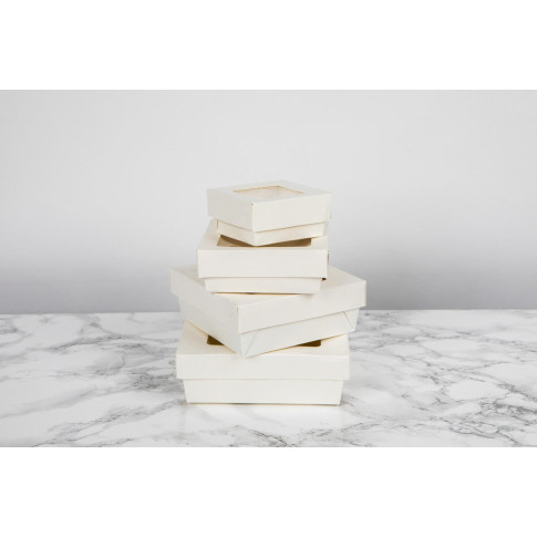 Boite "Kray" carrée carton blanc avec couvercle à fenêtre  115x115mm H40mm 350ml