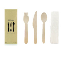 Kit couverts bois 4/1: couteau fourchette cuillÃ¨re serviette, emballage kraft 16,5 cm - 50 unitÃ©s