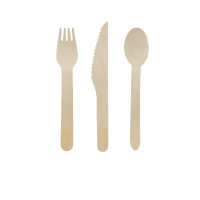 Kit couverts bois 3/1: couteau fourchette cuillère, emballage kraft  H165mm