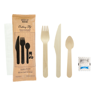 Kit couv bois 6 / 1: cout, four, cuil cafÃ©, serv, sel, poivre, emb kraft  16,5 cm - 50 unitÃ©s