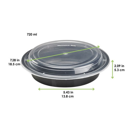 Bol plastique PP rond noir avec couvercle transparent   H53mm 720ml