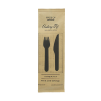 Kit couverts bois 3 / 1: couteau fourchette serviette, emballage kraft  16,5 cm - 50 unitÃ©s