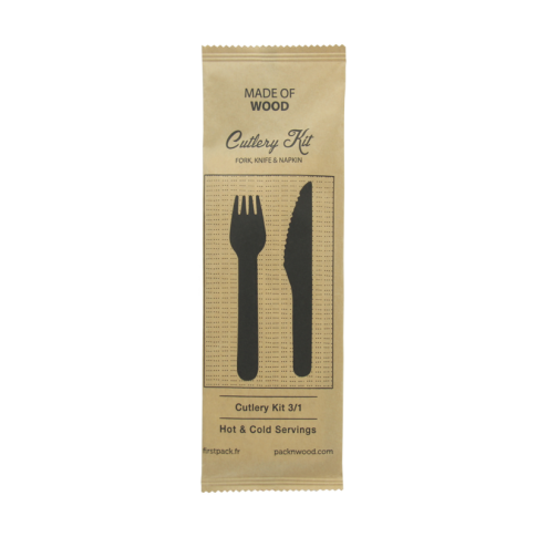 Kit couverts bois 3 / 1: couteau fourchette serviette, emballage kraft  16,5 cm - 50 unitÃ©s