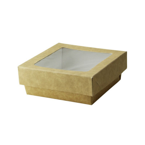 BoÃ®te "Kray" carrÃ©e carton brun avec couvercle Ã  fenÃªtre 350 ml 11,5 x 11,5 x 4 cm - 25 unitÃ©s
