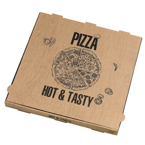 Boite Ã  pizza carton brun, dÃ©cor "Hot and Tasty"  - 40 cm x 40 cm x 4 cm - 100 unitÃ©s