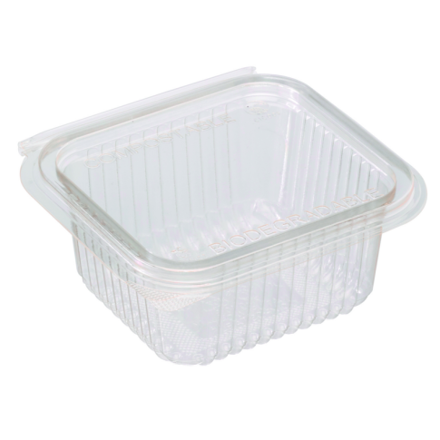 Barquette rectangulaire PLA transparente avec couvercle attachÃ© 370 ml 12,6 x 11,7 x 5,6 cm - 50 unitÃ©s