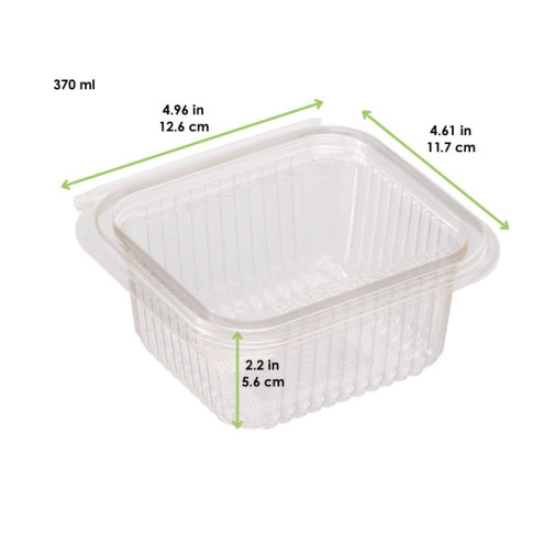 Barquette rectangulaire PLA transparente avec couvercle attachÃ© 370 ml 12,6 x 11,7 x 5,6 cm - 50 unitÃ©s