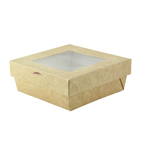 Boite "Kray" carrÃ©e carton brun avec couvercle Ã  fenÃªtre  - 700 ml - 15,5 cm x 15,5 cm x 5 cm.