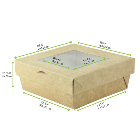 Boite "Kray" carrÃ©e carton brun avec couvercle Ã  fenÃªtre  - 700 ml - 15,5 cm x 15,5 cm x 5 cm.