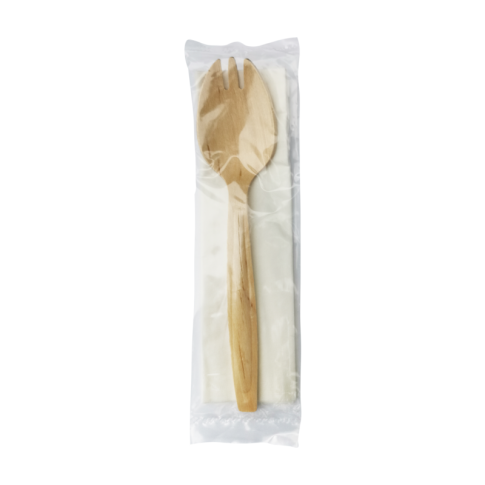 Kit couverts bois 2/1: fourchette-cuillÃ¨re serviette, emballage transparent 14,7 cm - 250 unitÃ©s