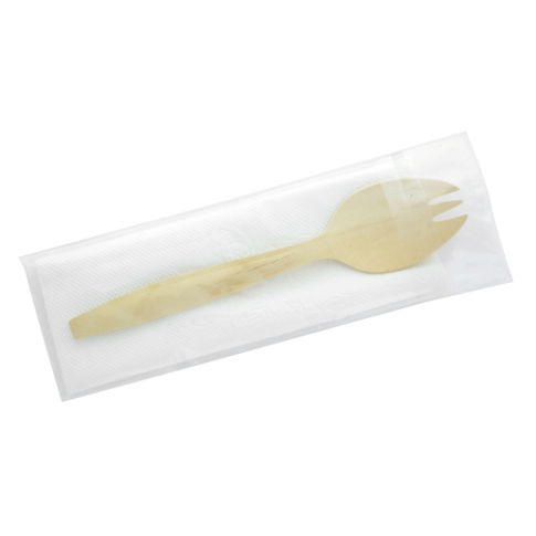 Kit couverts bois 2/1: fourchette-cuillÃ¨re serviette, emballage transparent 14,7 cm - 250 unitÃ©s