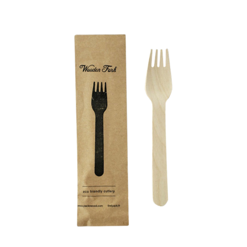 Fourchette en bois, emballage papier kraft   H158mm