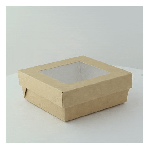 Boite "Kray" carrée carton brun avec couvercle à fenêtre  135x135mm H50mm