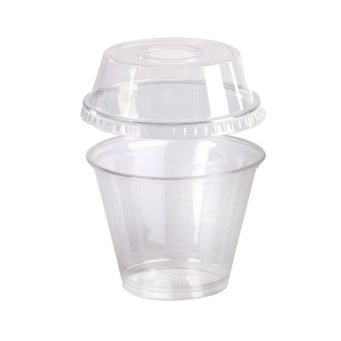 Pot / Coupe transparent plastique PET avec couvercle dôme et trou   H88mm 270ml