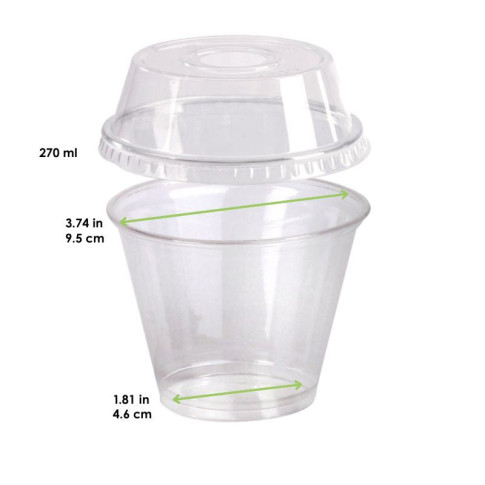 Pot / Coupe transparent plastique PET avec couvercle dôme et trou   H88mm 270ml