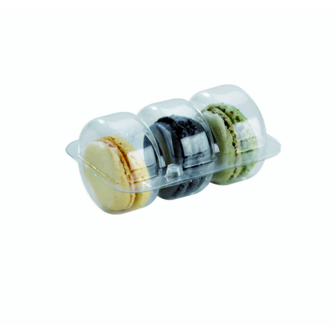 Insert plastique PET transparent 3 macarons avec fermeture clipsable  93x68mm H23mm