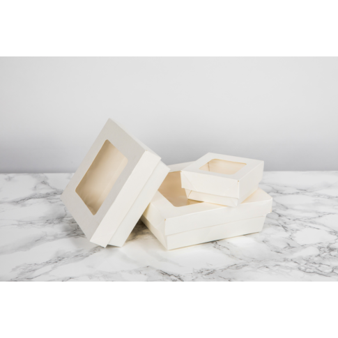 Boite "Kray" carrée carton blanc avec couvercle à fenêtre  135x135mm H50mm 700ml