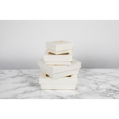 Boite "Kray" carrée carton blanc avec couvercle à fenêtre  135x135mm H50mm 700ml