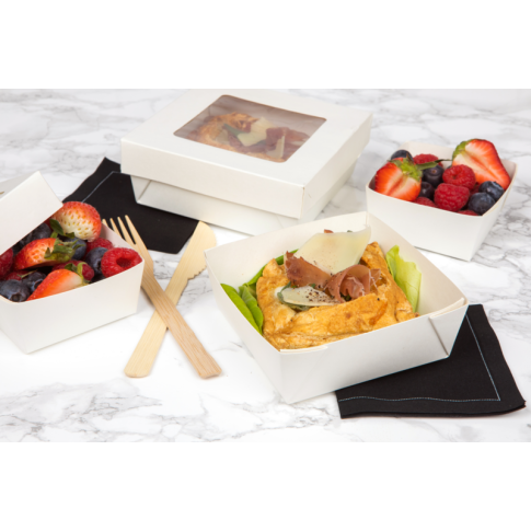 Boite "Kray" carrée carton blanc avec couvercle à fenêtre  135x135mm H50mm 700ml