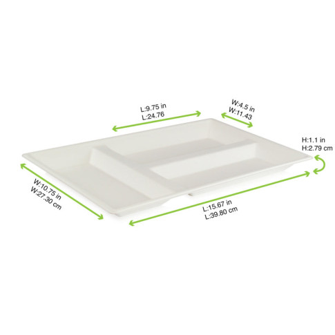 Plateau rectangulaire blanc 3 compartiments en pulpe   400x280mm