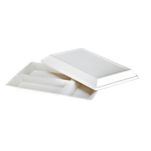 Plateau rectangulaire blanc 3 compartiments en pulpe   400x280mm