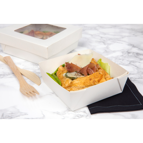Boite "Kray" carrée carton blanc avec couvercle à fenêtre  155x155mm H50mm 950ml