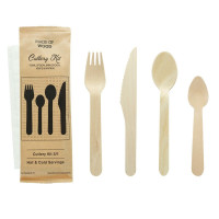 Kit couverts bois 5 / 1: couteau fourchette petite&grande cuillère serviette, emballage kraft   H165mm