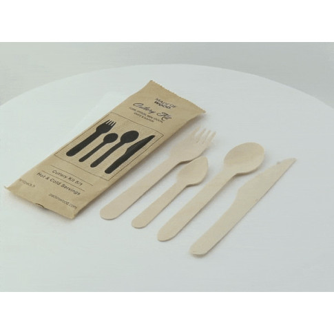 Kit couverts bois 5 / 1: couteau fourchette petite&grande cuillère serviette, emballage kraft   H165mm
