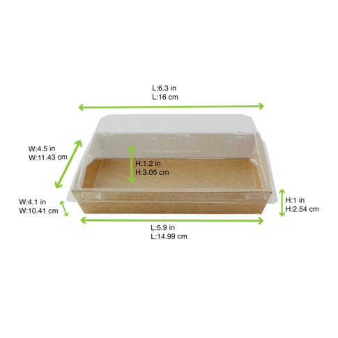 Barquette sushi en carton kraft brun avec couvercle transparent en plastique PET  153x102mm H25mm