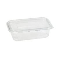 Barquette plastique PET rectangulaire transparente avec couvercle attaché  195x130mm H65mm 1000ml
