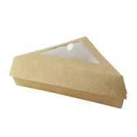 Boîte pâtissière triangulaire carton brun avec couvercle à fenêtre 155x130mm H45mm