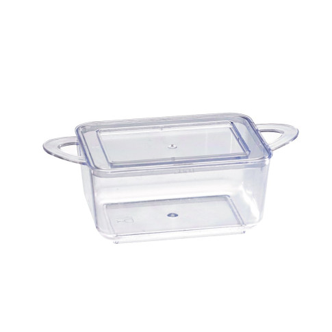 Mise en bouche plastique PS vert rectangulaire transparente avec anses et couvercle "Loukià"  96x50mm H35mm 75ml