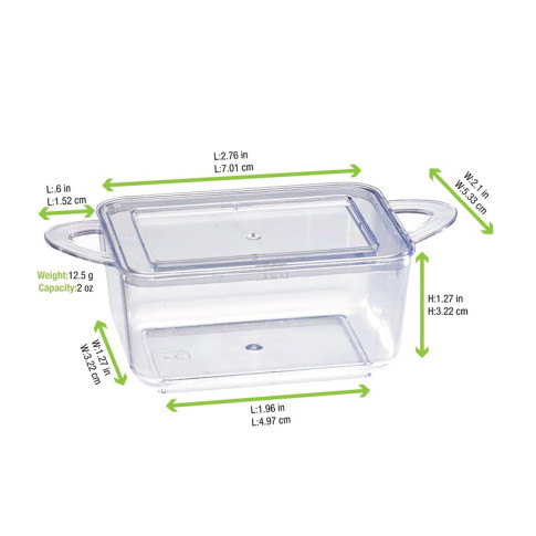 Mise en bouche plastique PS vert rectangulaire transparente avec anses et couvercle "Loukià"  96x50mm H35mm 75ml