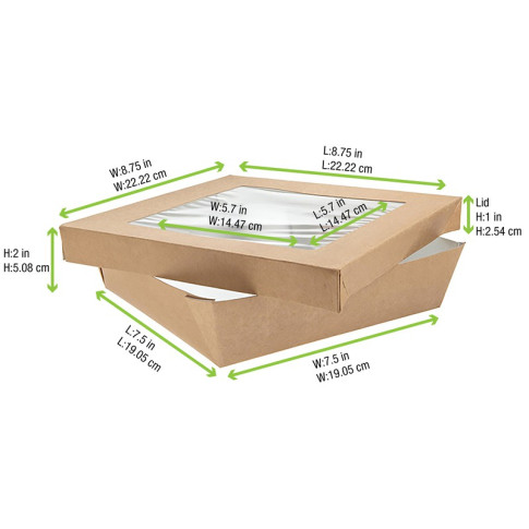 Boite "Kray" carrée carton brun avec couvercle à fenêtre  205x205mm H50mm 1 550ml