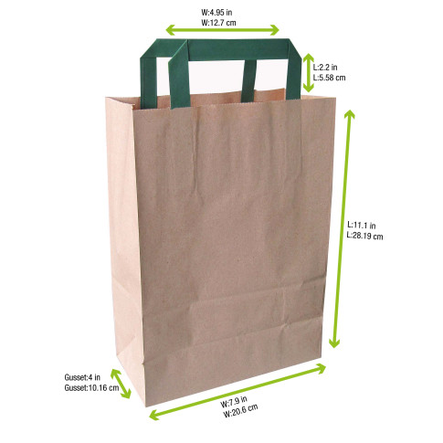 Sac cabas papier brun recyclé anses vertes  200x100mm H280mm