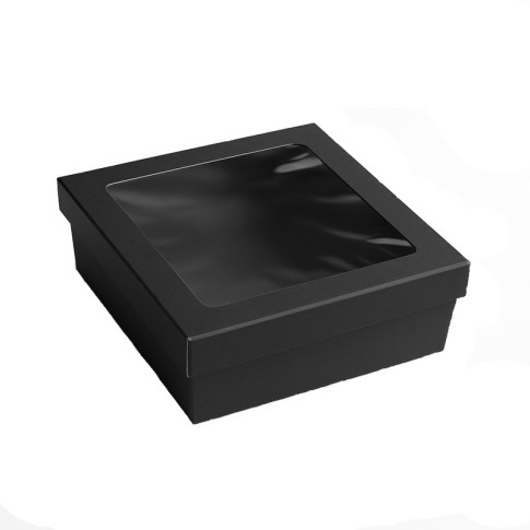 Boîte "Kray" carrée carton noir avec couvercle à fenêtre 245x245mm H80mm 4 200ml