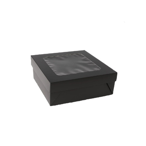 Boîte "Kray" carrée carton brun avec couvercle à fenêtre 200x200mm H65mm