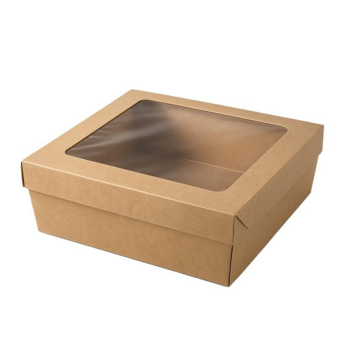 Boîte "Kray" carrée carton brun avec couvercle à fenêtre 200x200mm H65mm