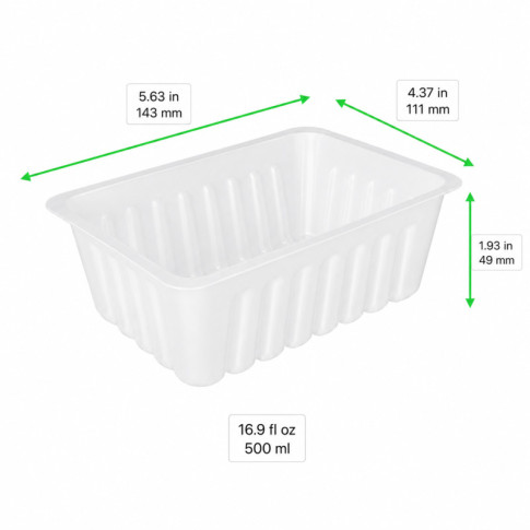 Barquette charcutière rectangle en plastique translucide pour préparation froide, de contenance 500g 143x111mm H49mm 500ml