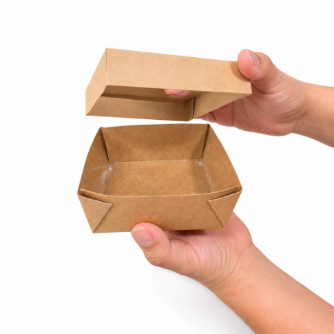 Boîte "Kray" carrée carton brun avec couvercle à fenêtre 115x115mm H40mm 350ml