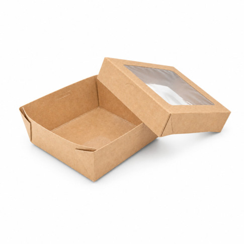 Boîte "Kray" carrée carton brun avec couvercle à fenêtre 115x115mm H40mm 350ml