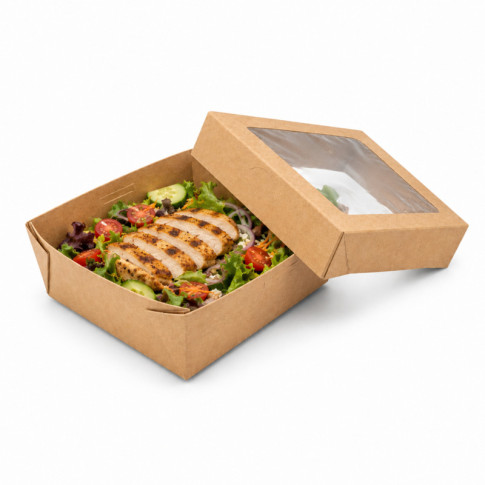 Boîte "Kray" carrée carton brun avec couvercle à fenêtre 115x115mm H40mm 350ml