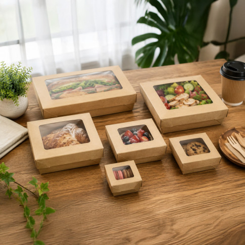 Boîte "Kray" carrée carton brun avec couvercle à fenêtre 115x115mm H40mm 350ml