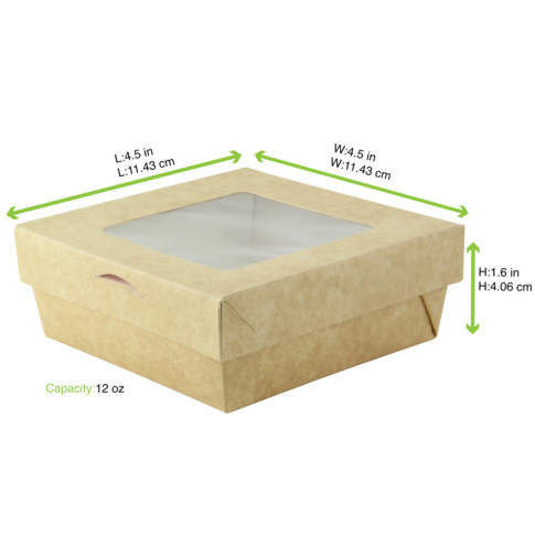 Boîte "Kray" carrée carton brun avec couvercle à fenêtre 115x115mm H40mm 350ml