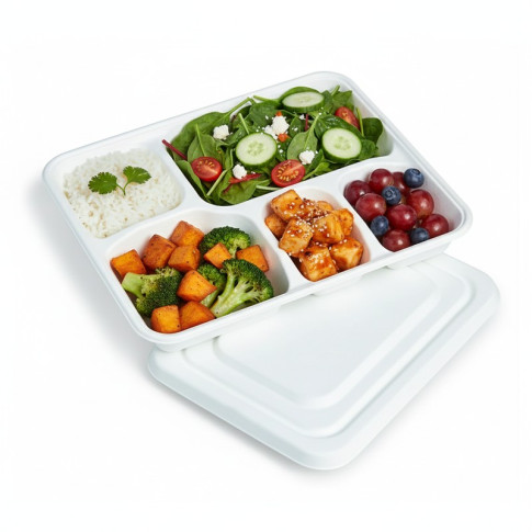 Plateau repas pulpe 5 compartiments avec couvercle  282x220mm H37,5mm