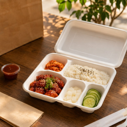 Plateau repas pulpe 5 compartiments avec couvercle  282x220mm H37,5mm