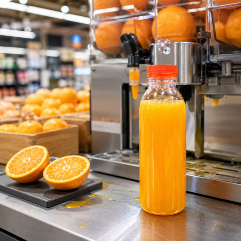 Bouteille transparente en plastique RPET avec bouchon orange 61 H161mm 330ml