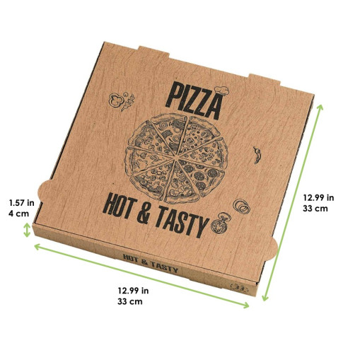 Boite à pizza carton brun 350 gsm décor "Hot and Tasty"  330x330mm H40mm
